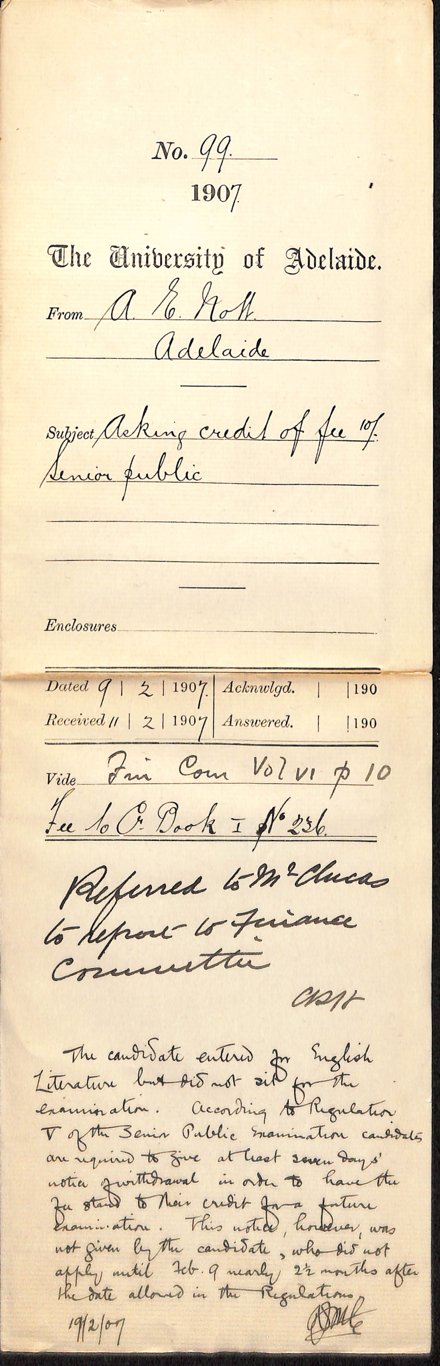 A E Nott - Adelaide - Asking credit of fee 10/- senior public