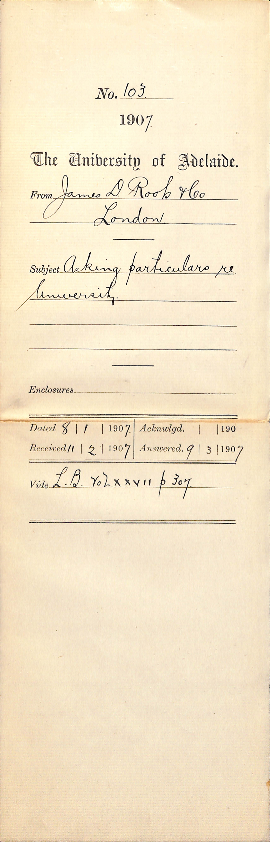 James D Roots and Company - London - Asking particulars re University