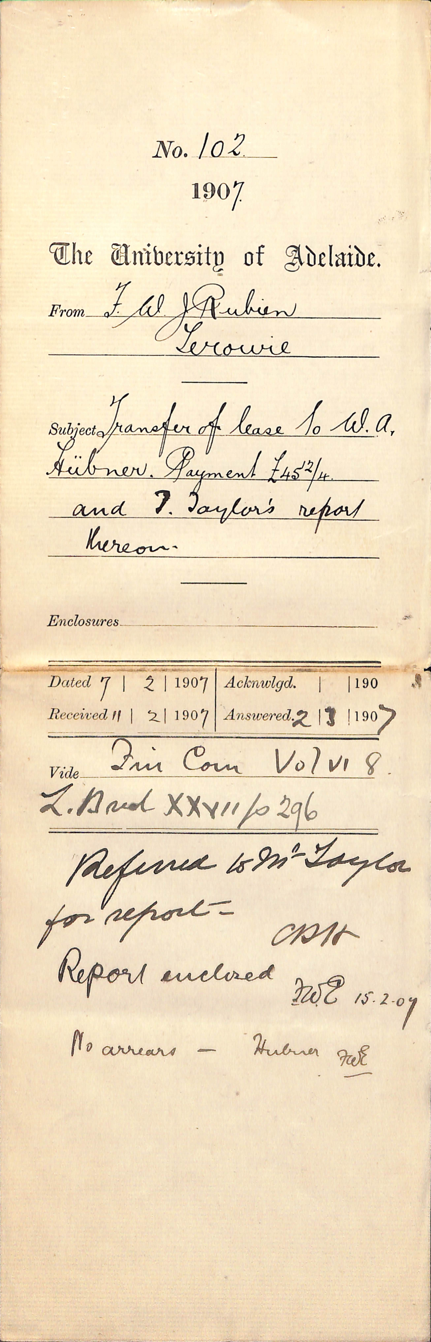 F W Rubien - Terowie - Transfer of lease to W A Hubner Payment &pound;45-12-4 and Thomas Taylor's report thereon