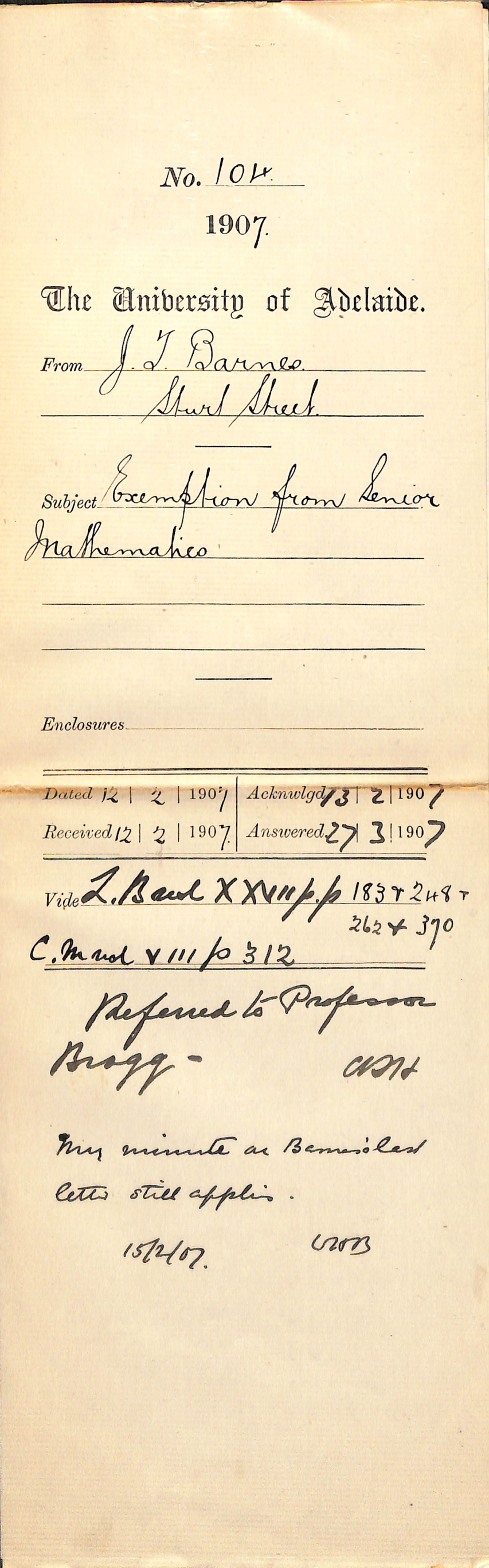 Joseph T Barnes - Sturt Street - Exemption from Senior Mathematics