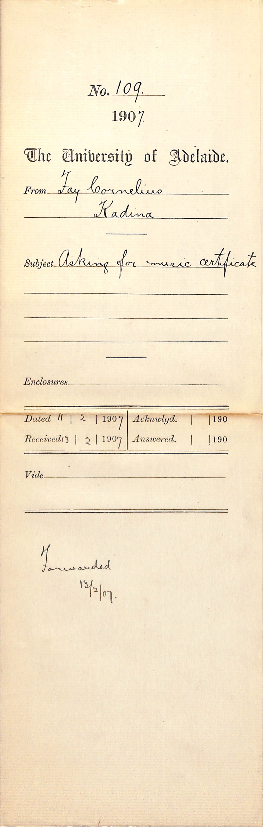 Fay Cornelius - Kadina - Asking for Music Certificate