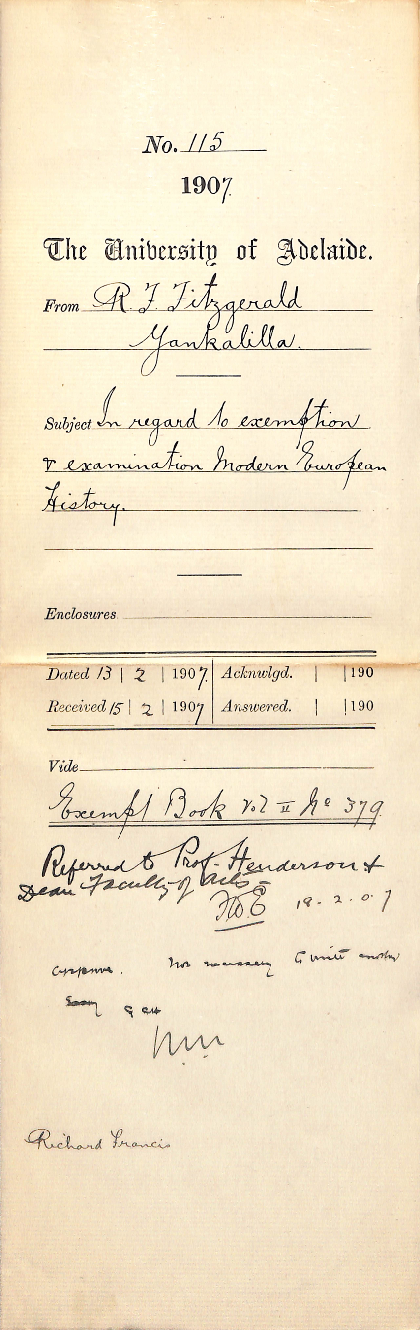 Richard F Fitzgerald - Yankalilla - In regard to Exemption and Examination Modern European history