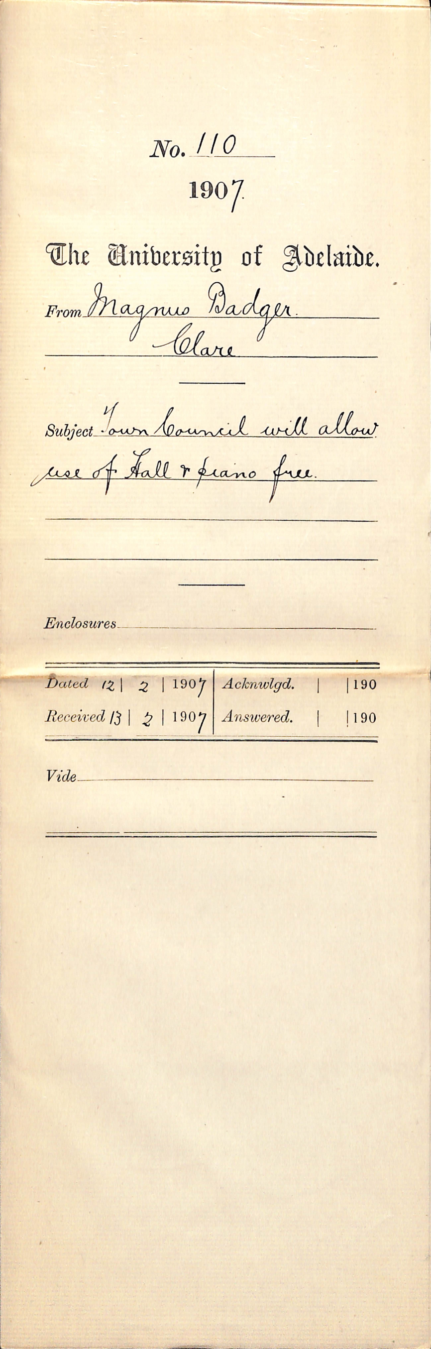 Magnus Badger - Clare - Town Council will allow use of Hall and Piano free