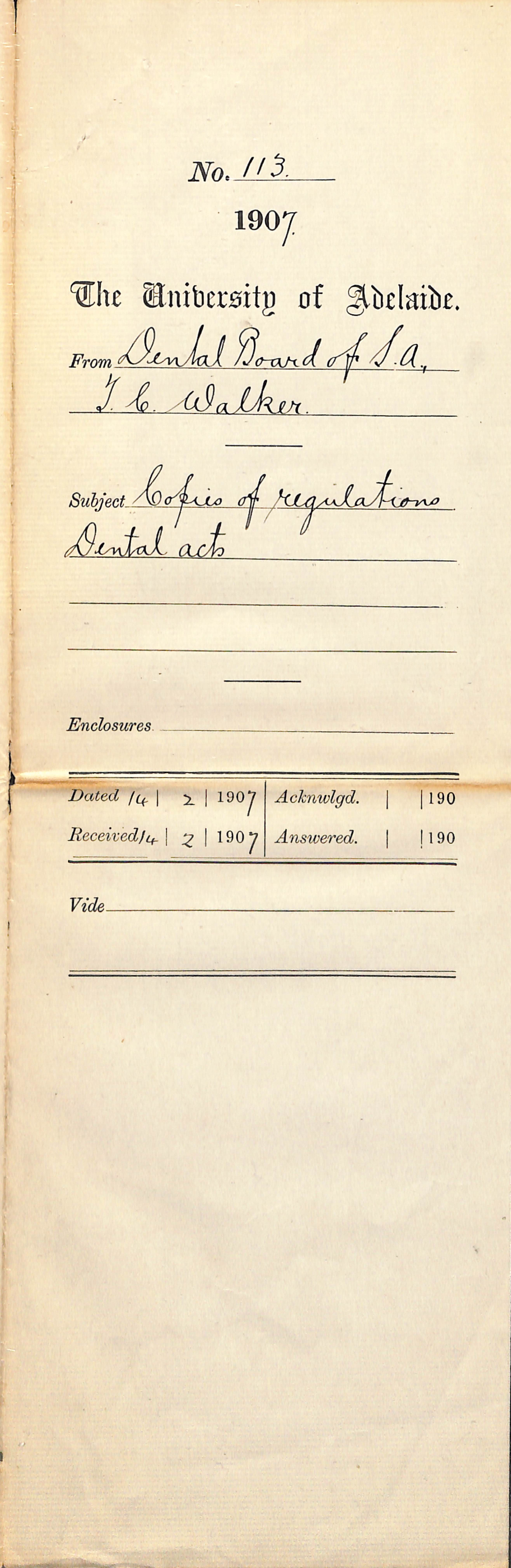 Thomas C Walker - Dental Board of South Australia - Copies of Regulations Dental Acts