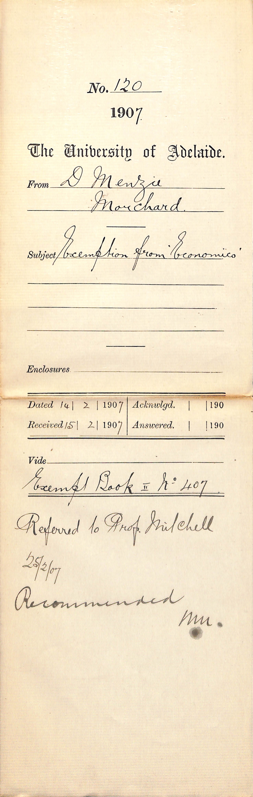 Duncan Menzie - Morchard Public School - Exemption from Economics