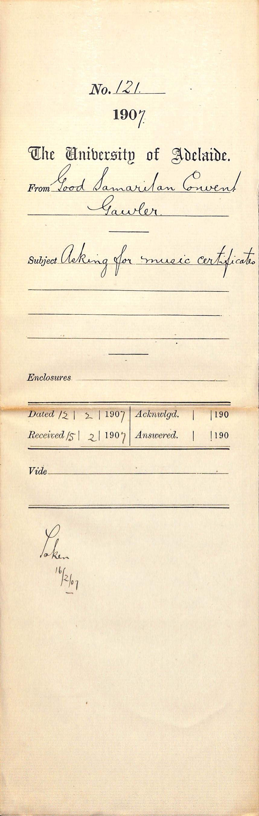 Good Samaritan Convent - Gawler - Asking for Music Certificates