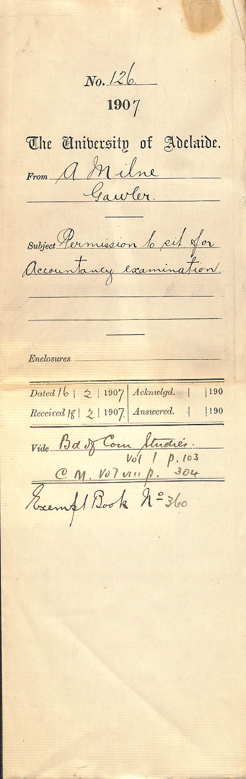 Alexander Milne - Gawler - Permission to sit for Accounting Examination
