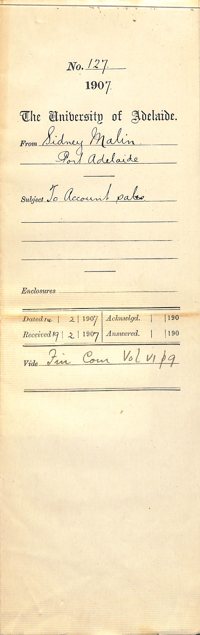 Sidney Malin - Port Adelaide - To Account Sales