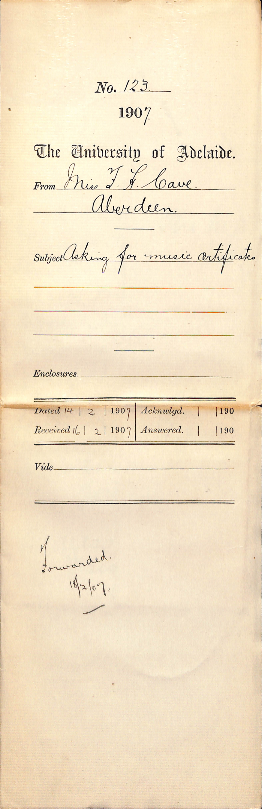 Miss Frances H Cave - Aberdeen - Asking for Music Certificates