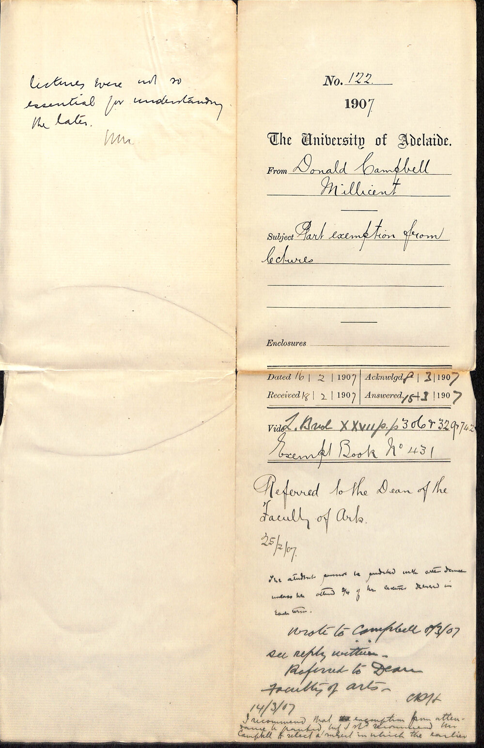 Donald Campbell - Millicent - Part Exemption from lectures