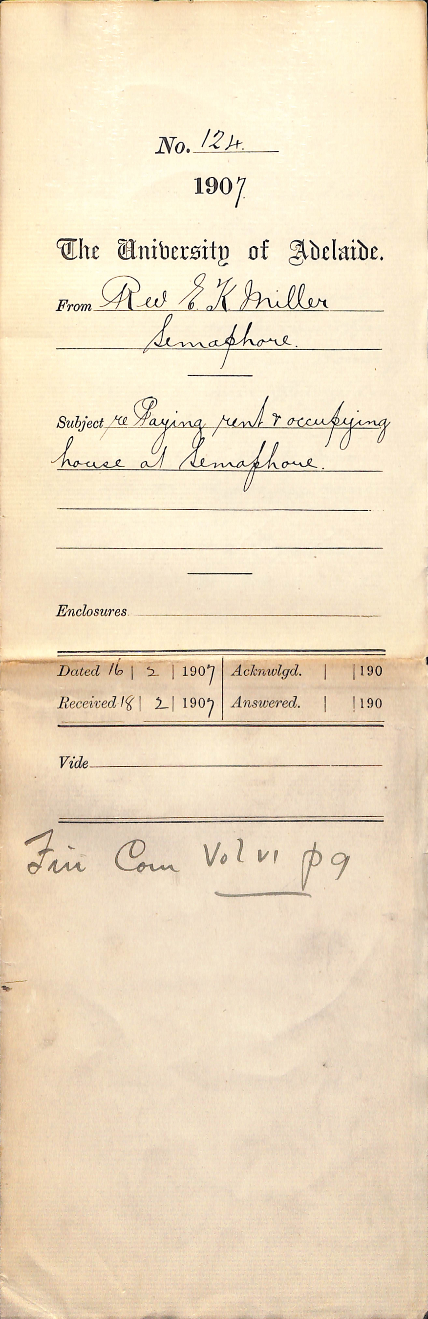 Rev E K Miller - Semaphore - Paying rent and occupying house at Semaphore