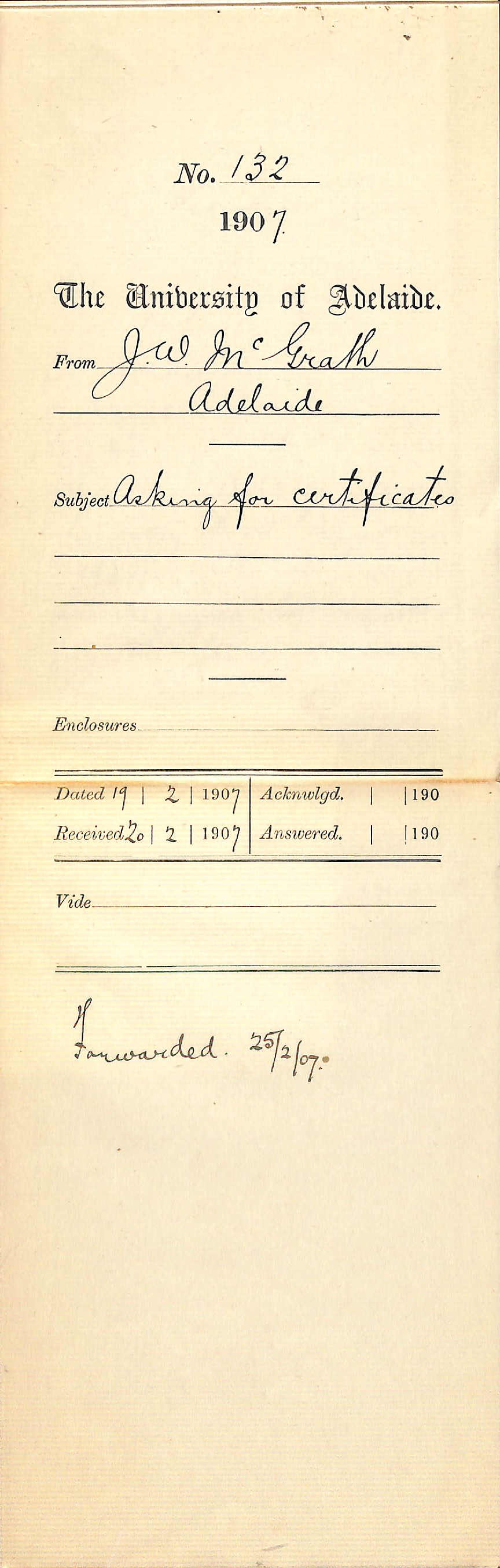 Joseph William McGrath - Adelaide - Asking for Certificates