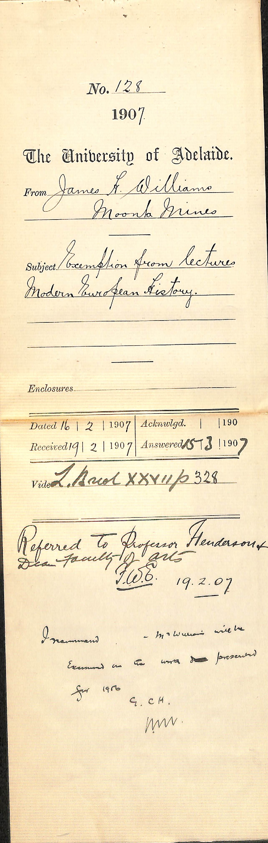 James H Williams - Moonta Mines - Exemption from lectures Modern European History