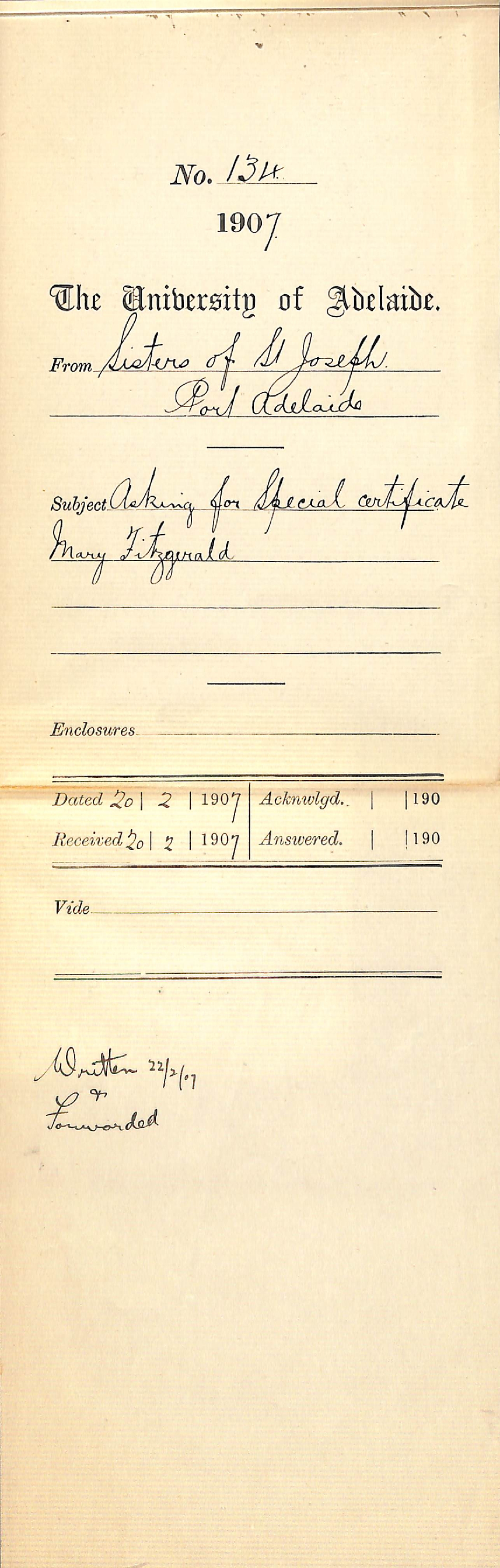 Sisters of St Joseph - Port Adelaide - Asking for Special Certificate Mary Fitzgerald