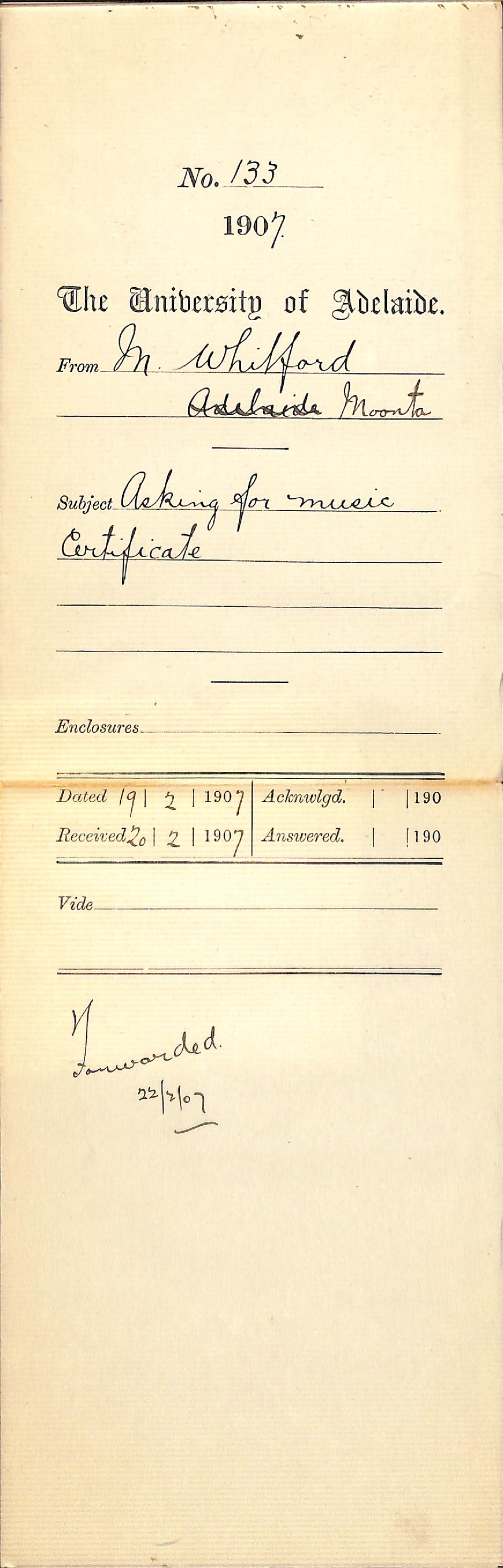 M Whitford - Moonta - Asking for Music Certificate