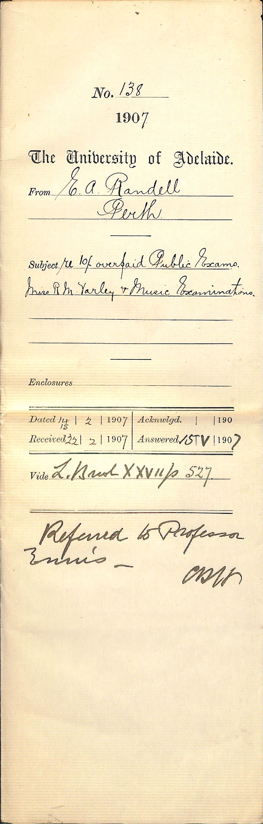 E A Randell - Perth - 10/- overpaid Public Exams Miss Ruth M Varley and Music Examinations
