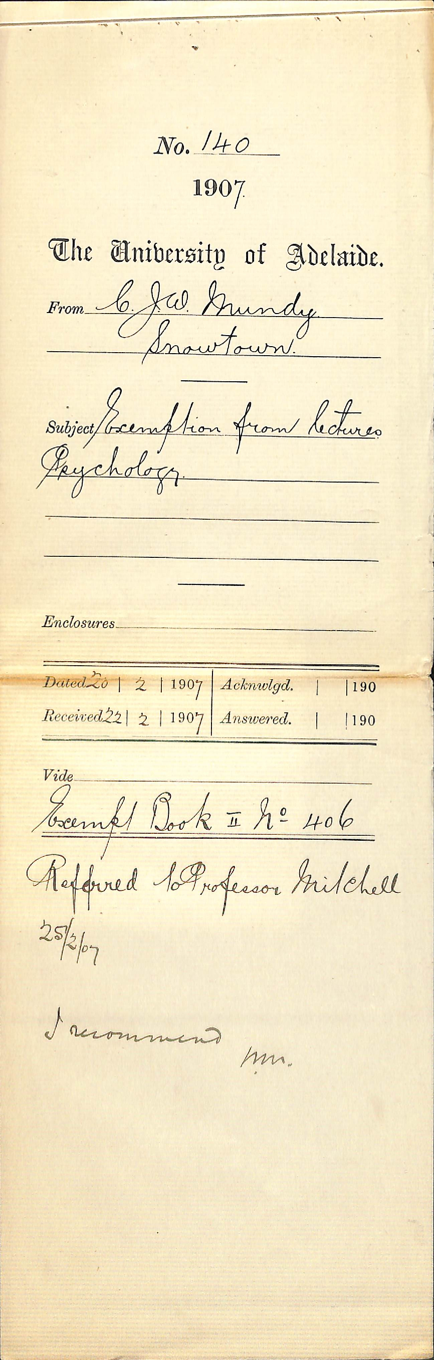 C J W Mundy - Snowtown - Exemption from lectures Psychology