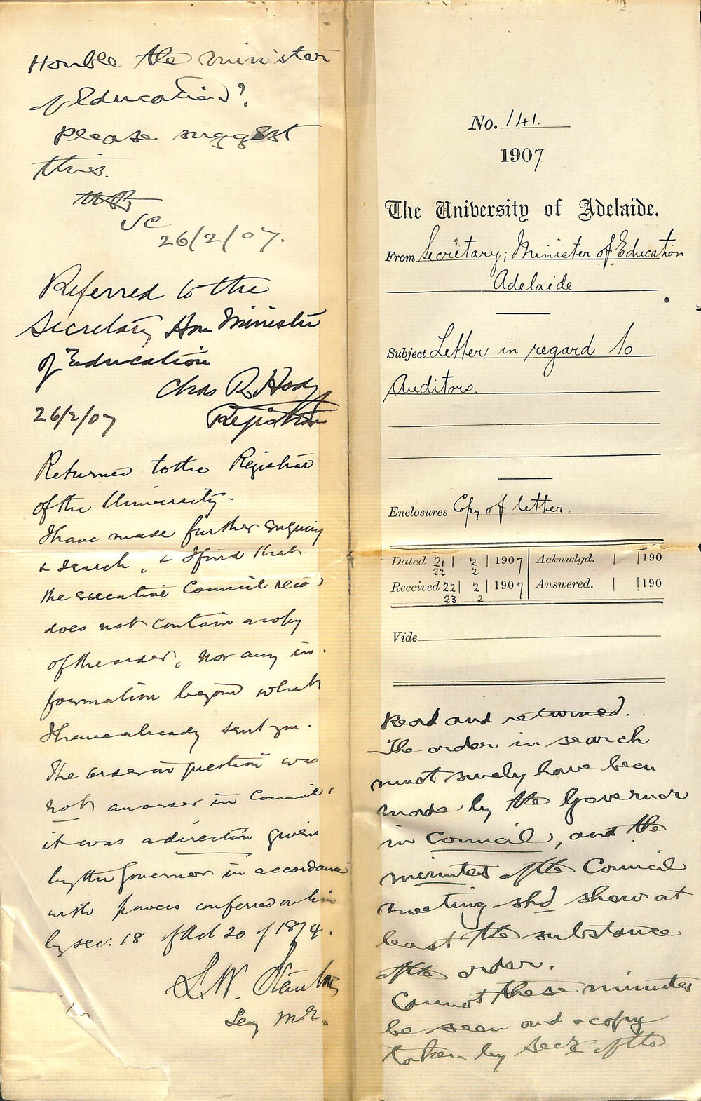 Secretary Minister of Education - Adelaide - Letter in regard to Auditors