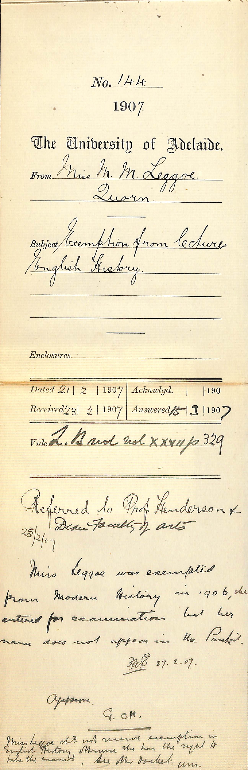 Miss Myra M Leggoe - Quorn - Exemption from lectures English History