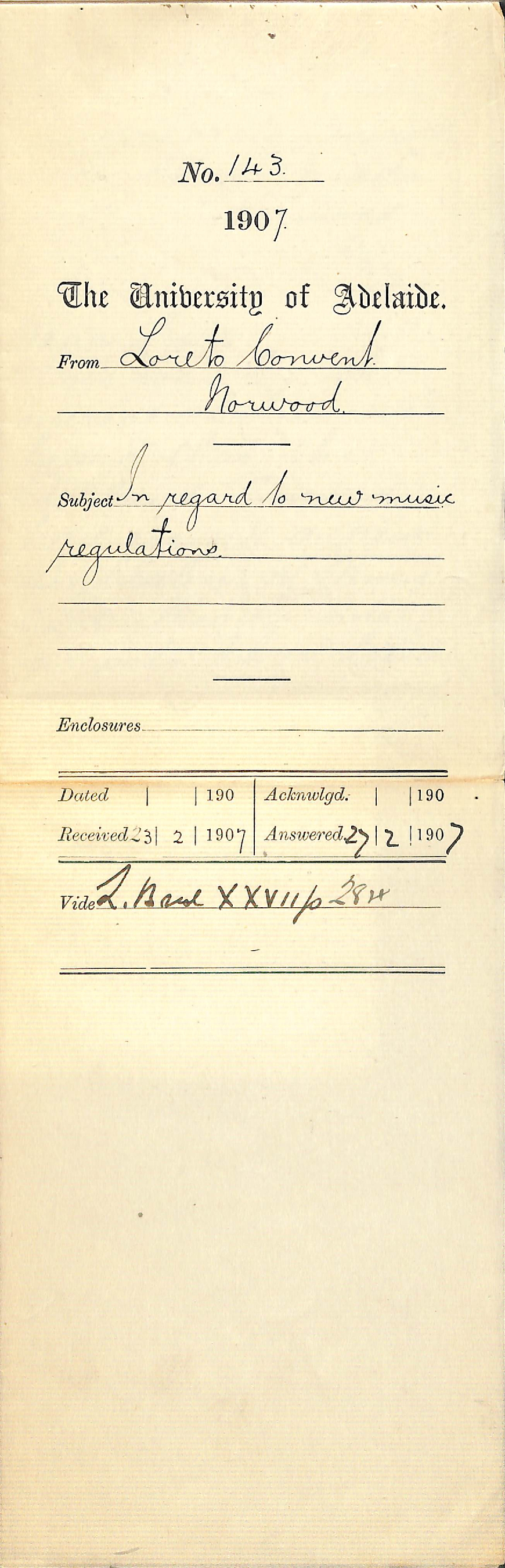 Loreto Convent - Norwood - In regard to new Music Regulations