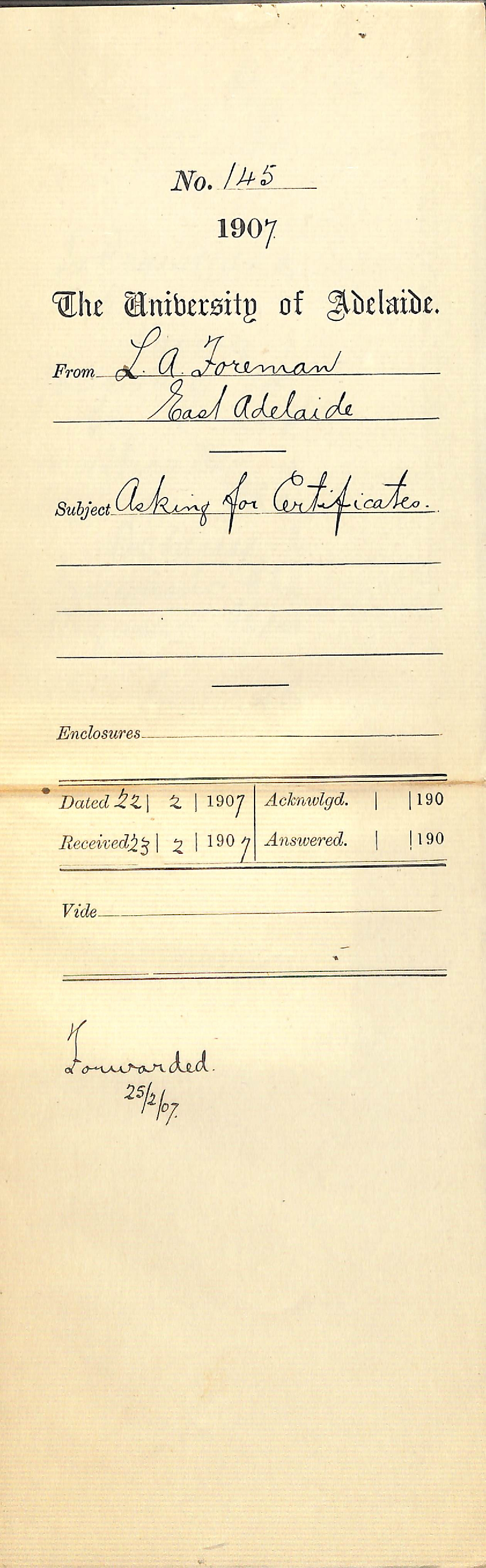 Louis Aloysius Foreman - East Adelaide - Asking for Certificates