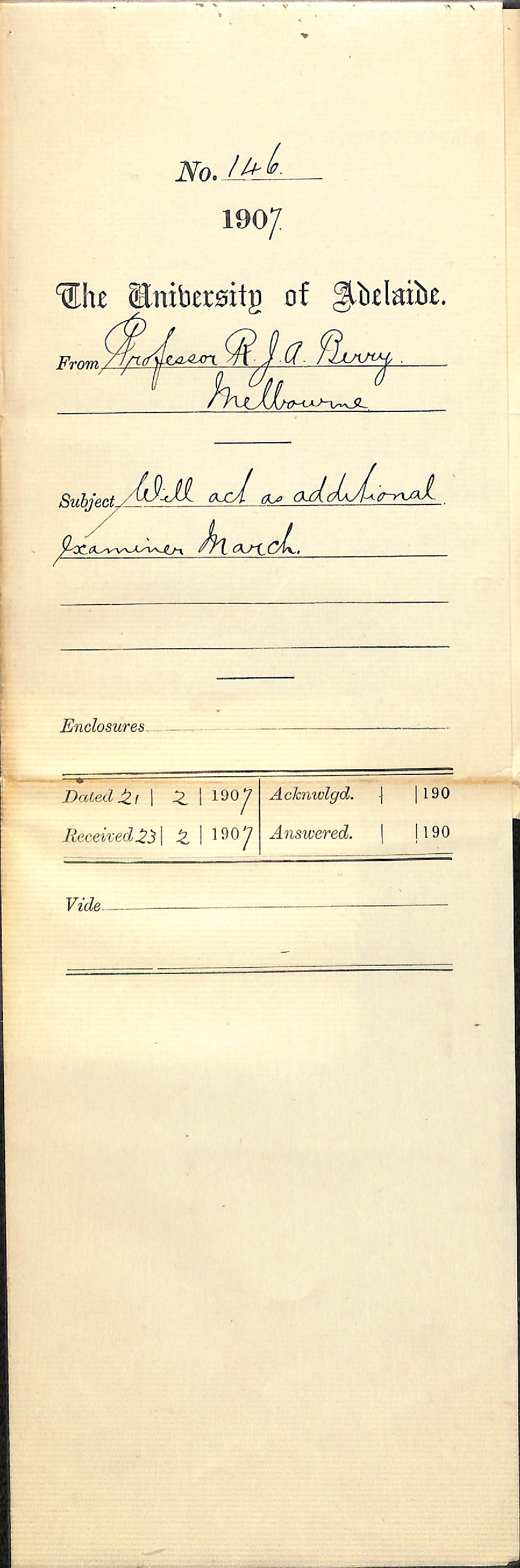 Professor Richard J A Berry - Melbourne - Will act as additional examiner March