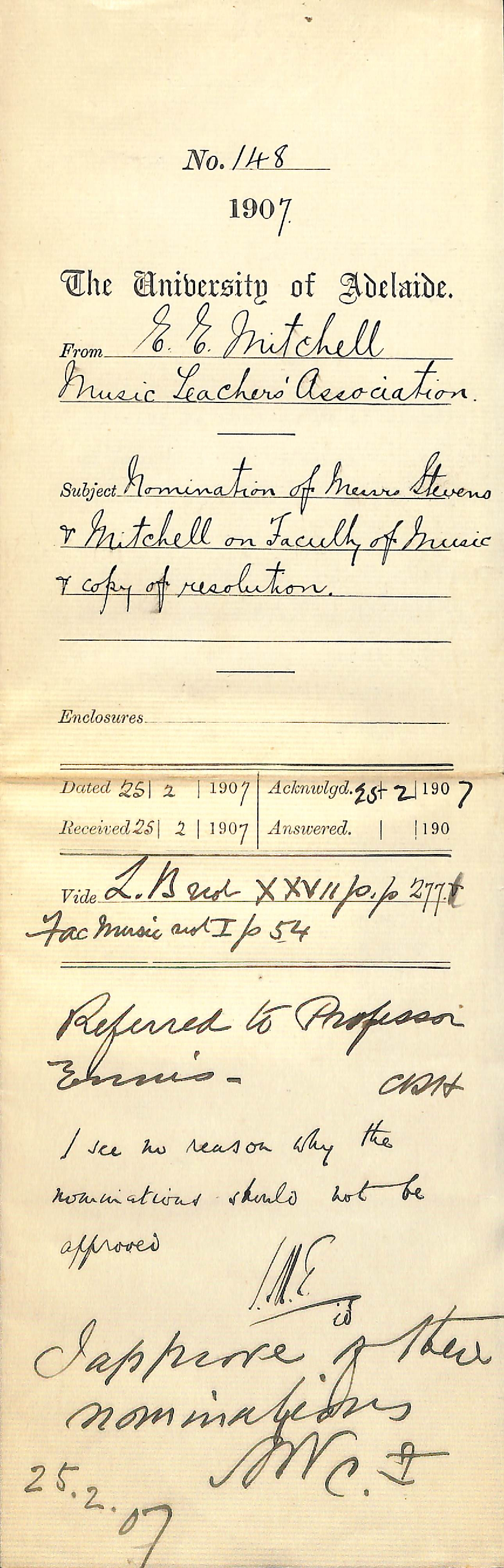 E E Mitchell - Music Teachers Association - Nomination of Messrs Stevens and Mitchell on Faculty of Music and copy of Resolution