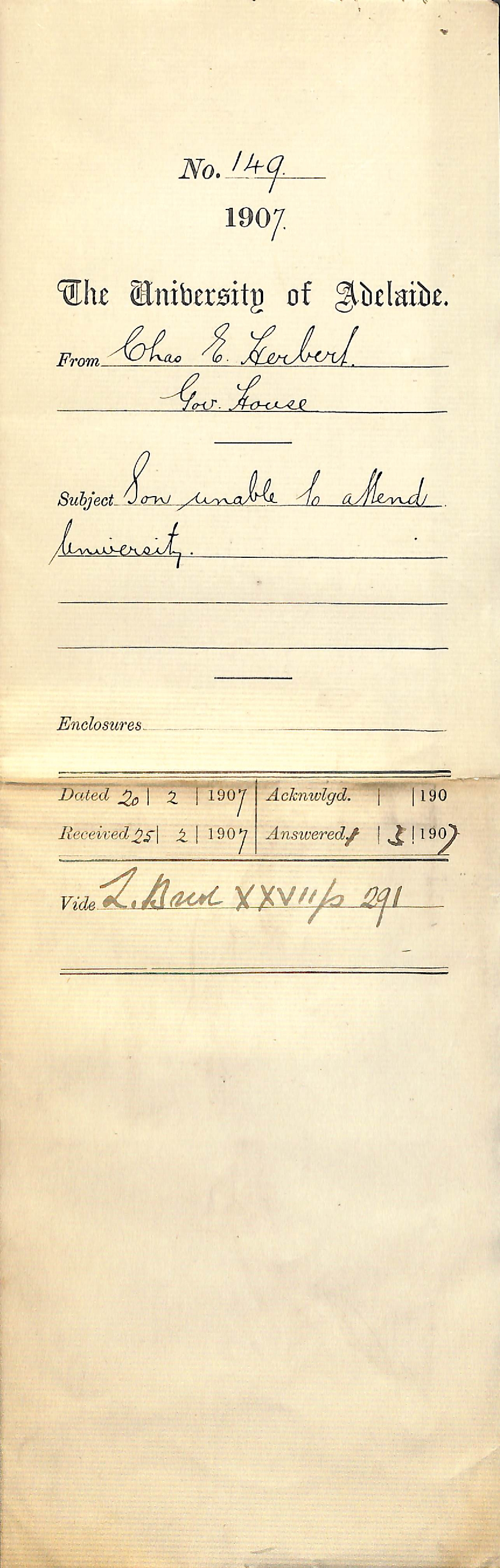 Charles E Herbert - Government House - Son unable to attend University