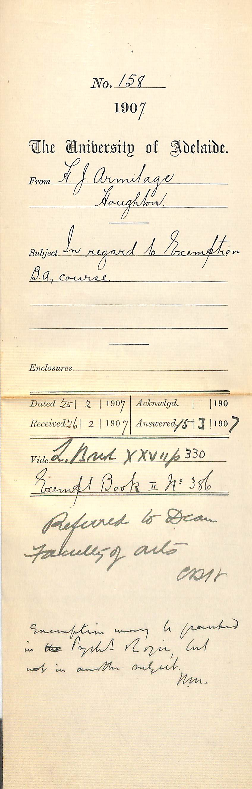 H J Armitage - Houghton - In regard to Exemption BA Course