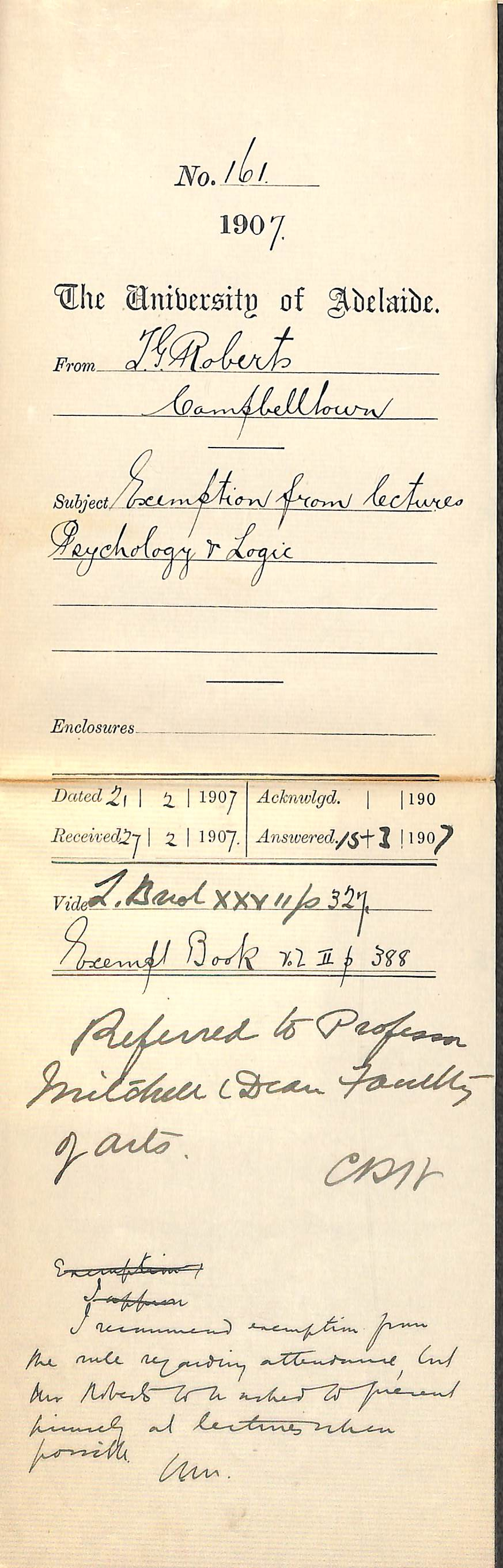 Theodore Gordon Roberts - Campbelltown - Exemption from lectures Psychology and Logic