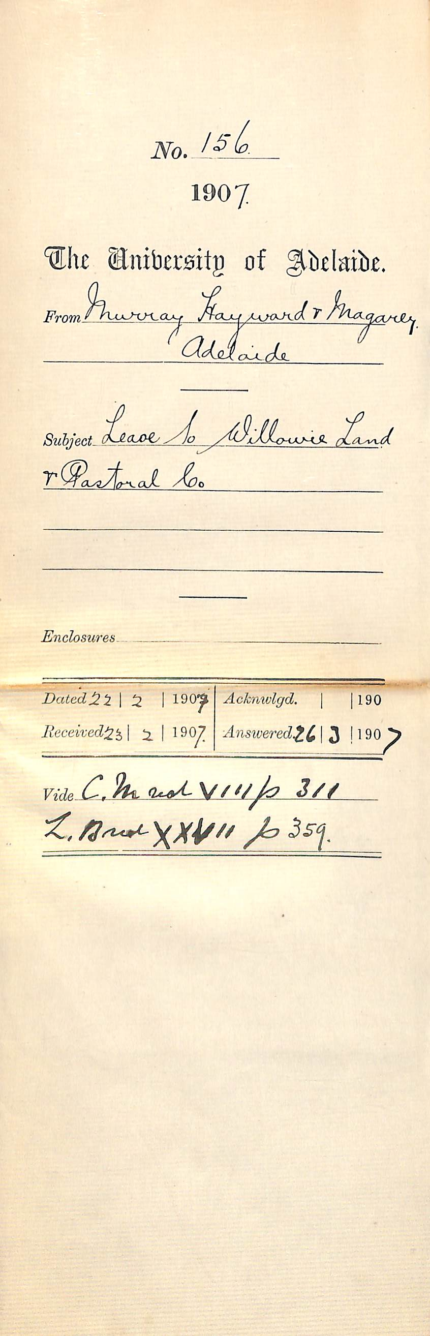 Murray Hayward and Magarey - Adelaide - Lease to Willowie Land and Pastoral Company