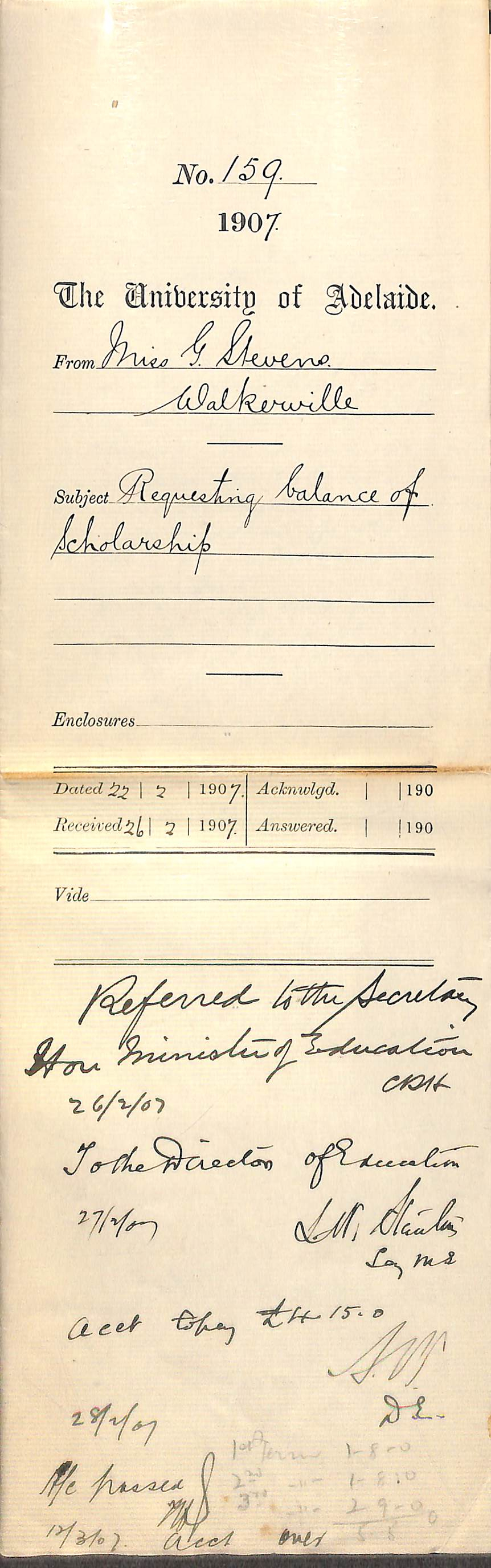 Miss Gwendoline Stevens - Walkerville - Requesting balance of Scholarship