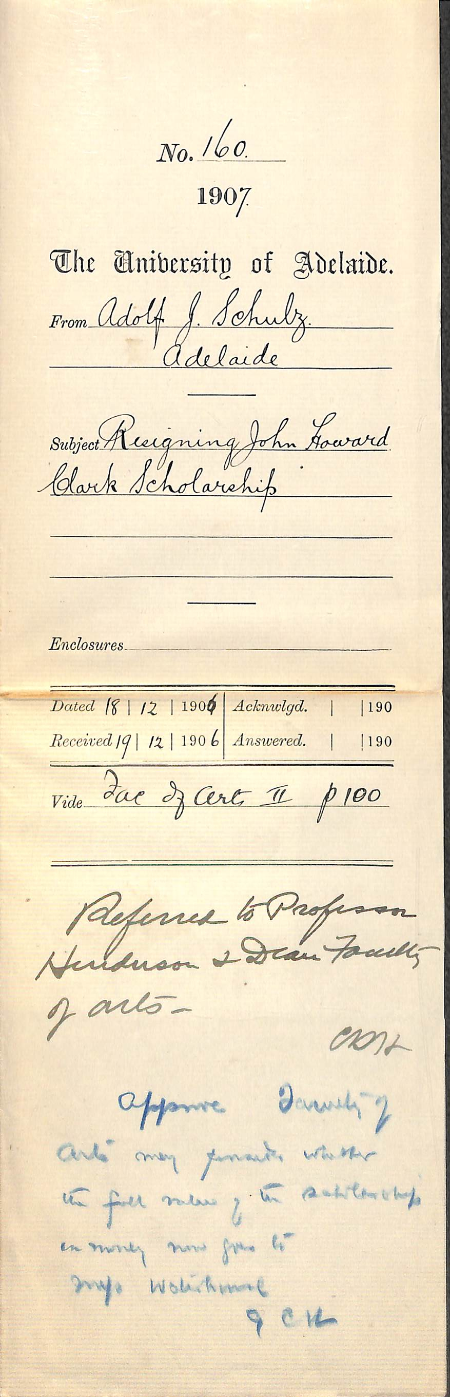 Adolf J Schulz - Adelaide - Resigning John Howard Clark Scholarship