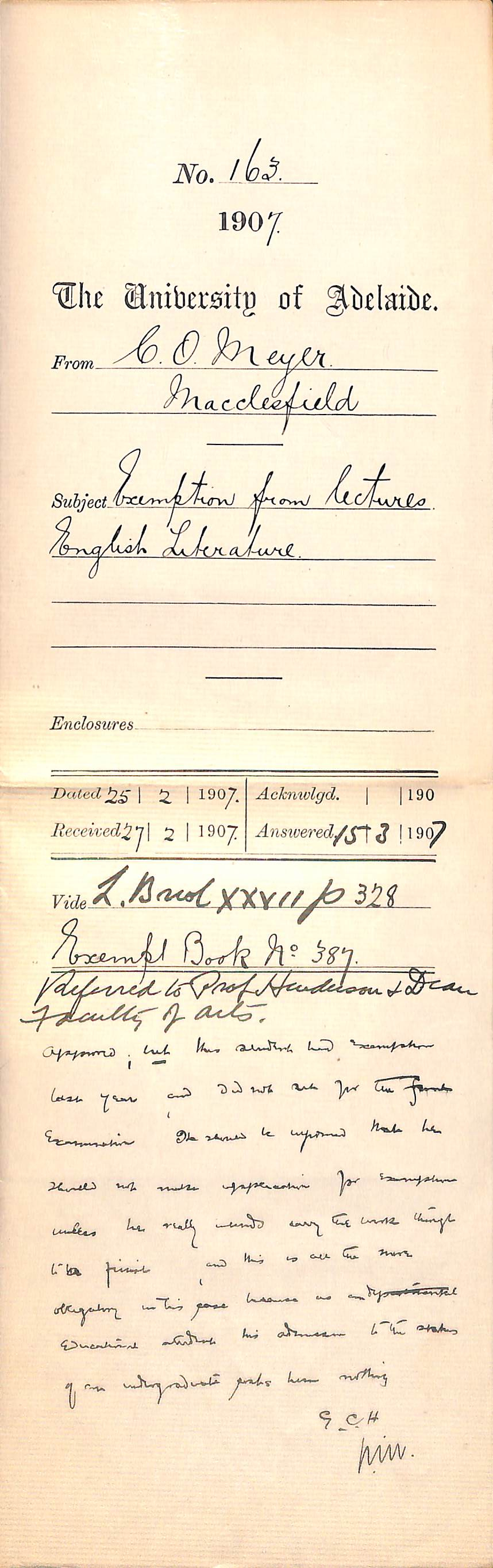 Carl O Meyer - Macclesfield - Exemption from lectures English Literature