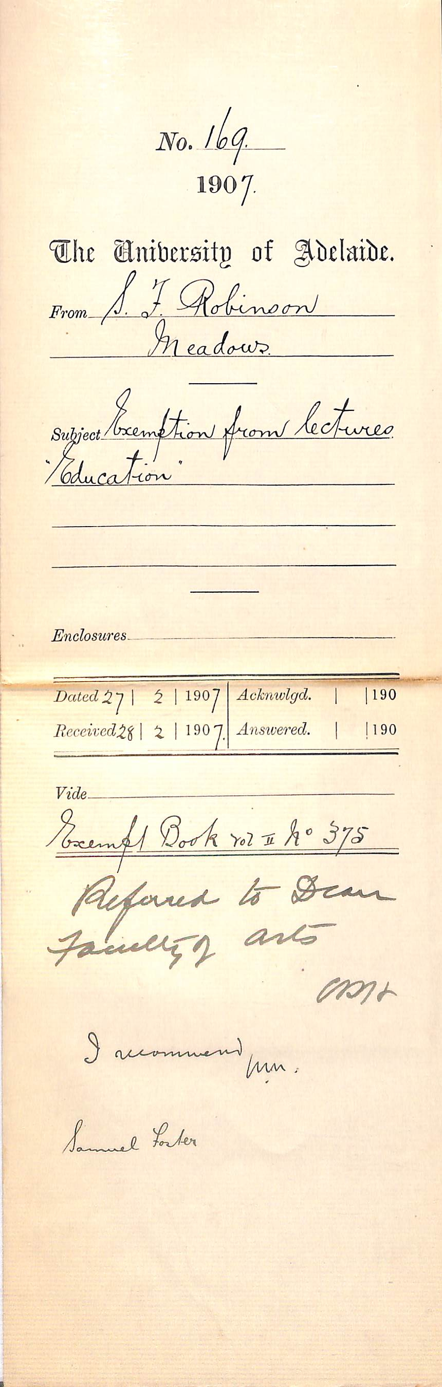 Samuel Foster Robinson - Meadows - Exemption from lectures Education