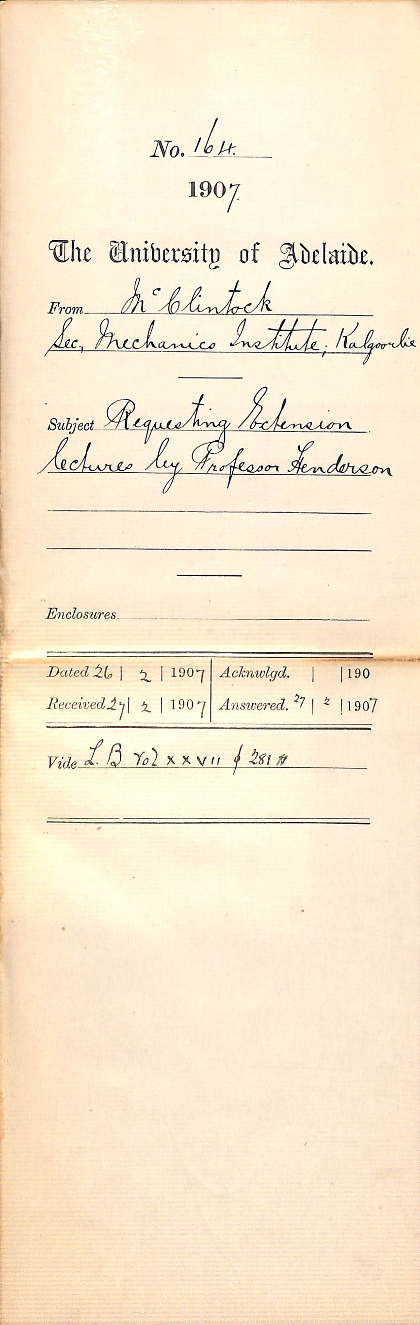McClintock - Secretary Mechanics Institute Kalgoorlie - Requesting Extension Lectures by Professor Henderson