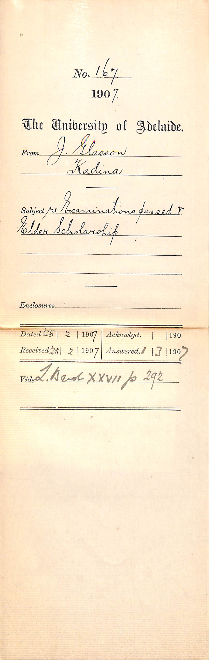 J Glasson - Kadina - Re Examinations passed and Elder Scholarship