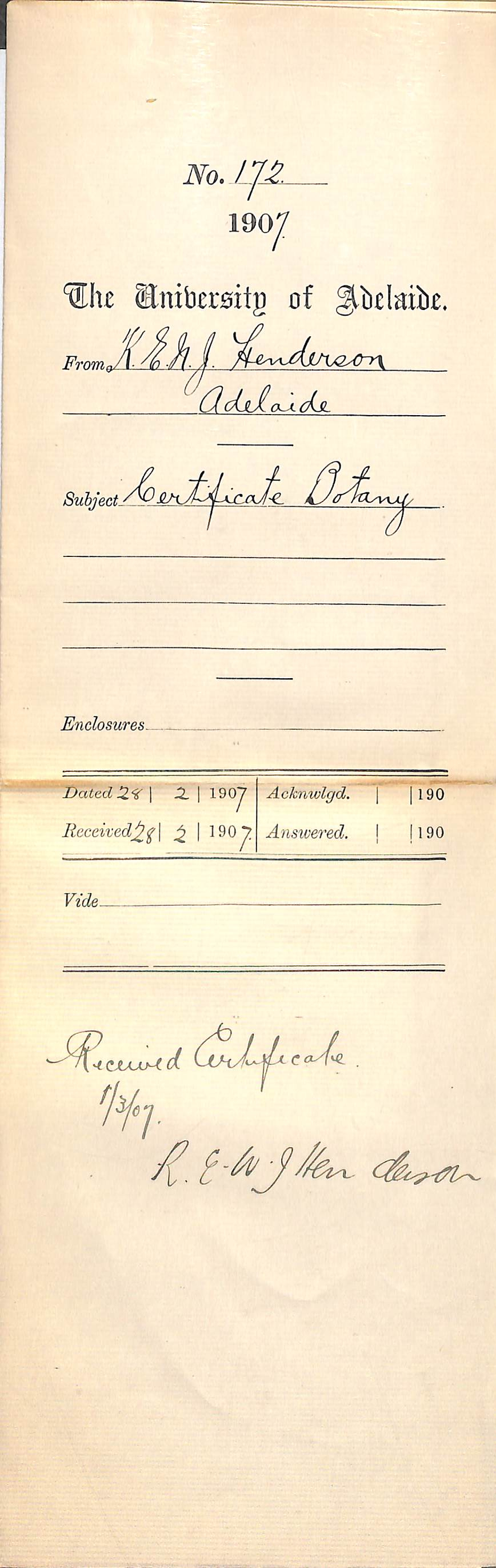K E N J Henderson - Adelaide - Certificate Botany