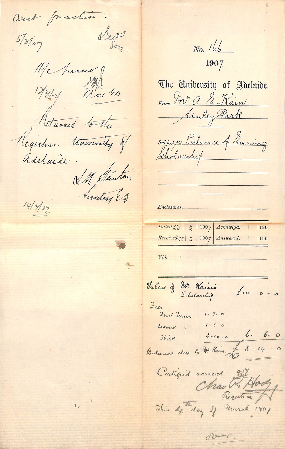 Mr Arthur E Kain - Unley Park - Re Balance of Evening Scholarship