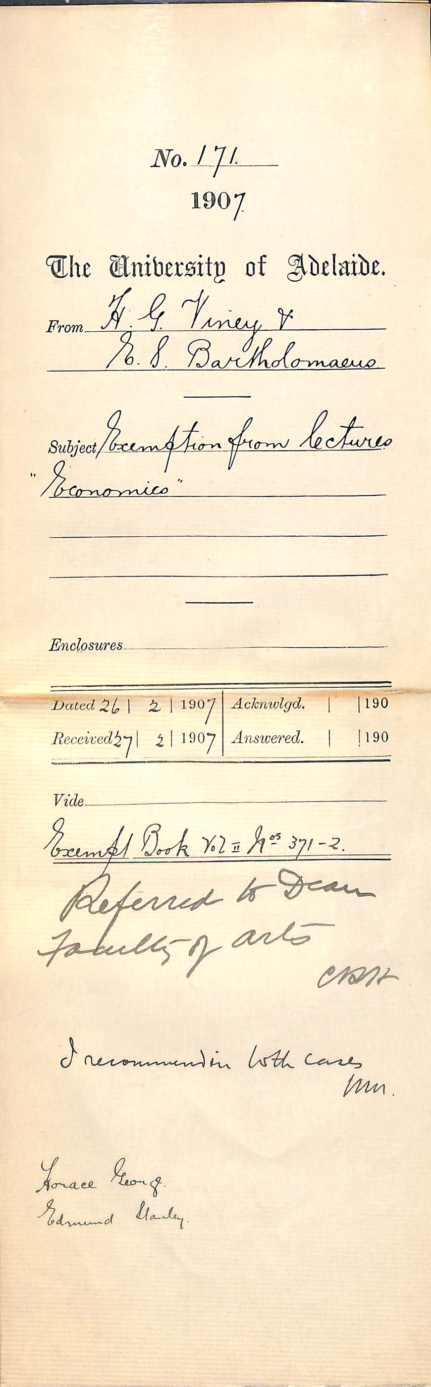 Horace George Viney - Edward S Bartholomaeus - Exemption from lectures Economics