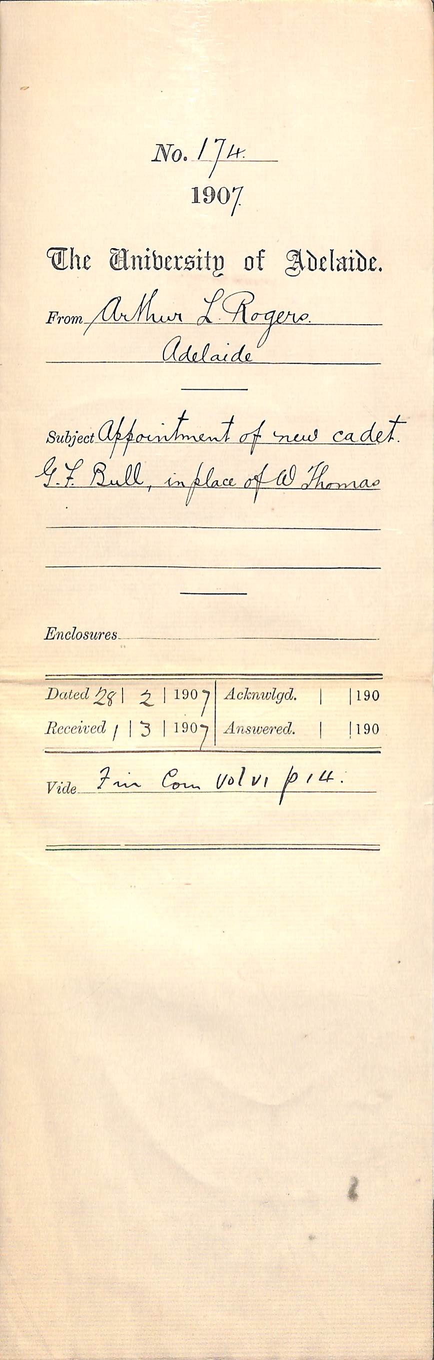 Arthur L Rogers - Adelaide - Appointment of new Cadet G F Bull in place of W Thomas