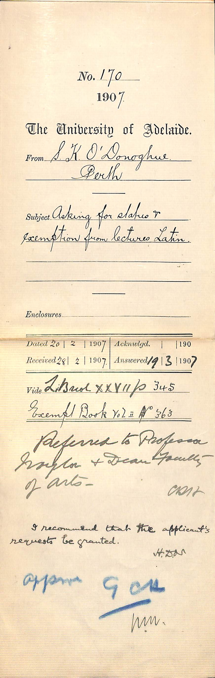 Stephen Kevin O'Donoghue - Perth - Asking for status and exemption from lectures Latin