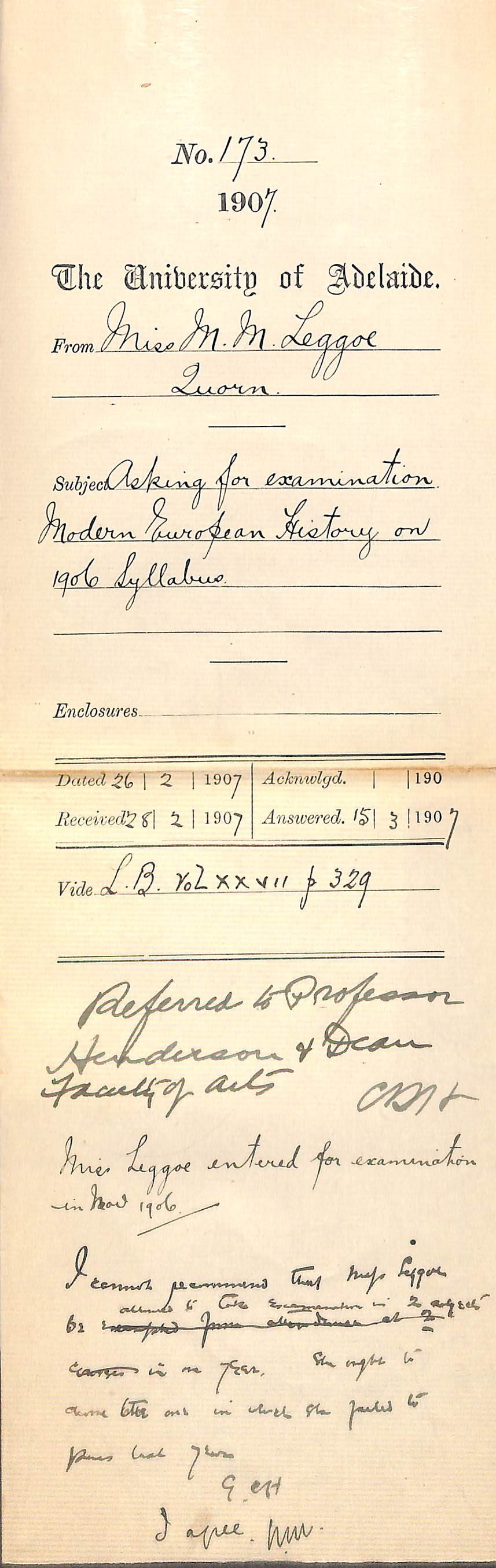 Miss Myra M Leggoe - Quorn - Asking for Examination Modern European History on 1906 Syllabus