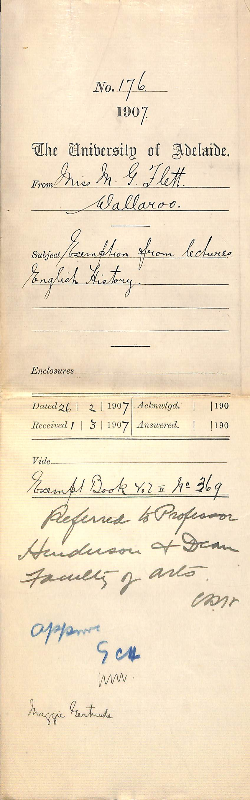 Miss Maggie G Flett - Wallaroo - Exemption from lectures English History
