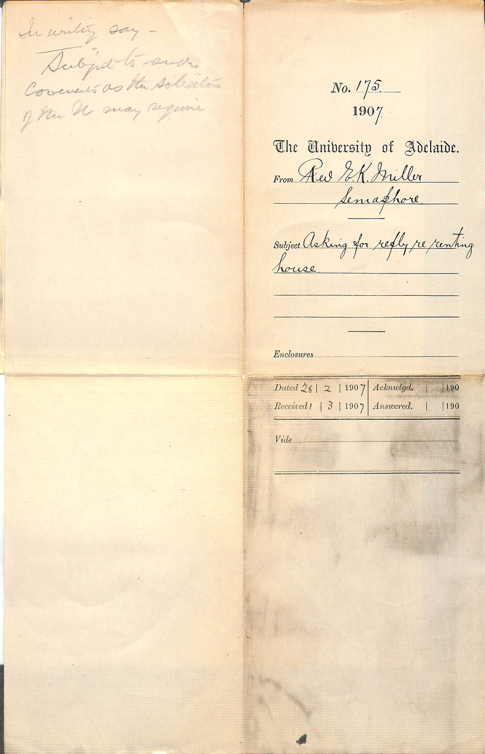 Reverend E K Miller - Semaphore - Asking for reply re renting house