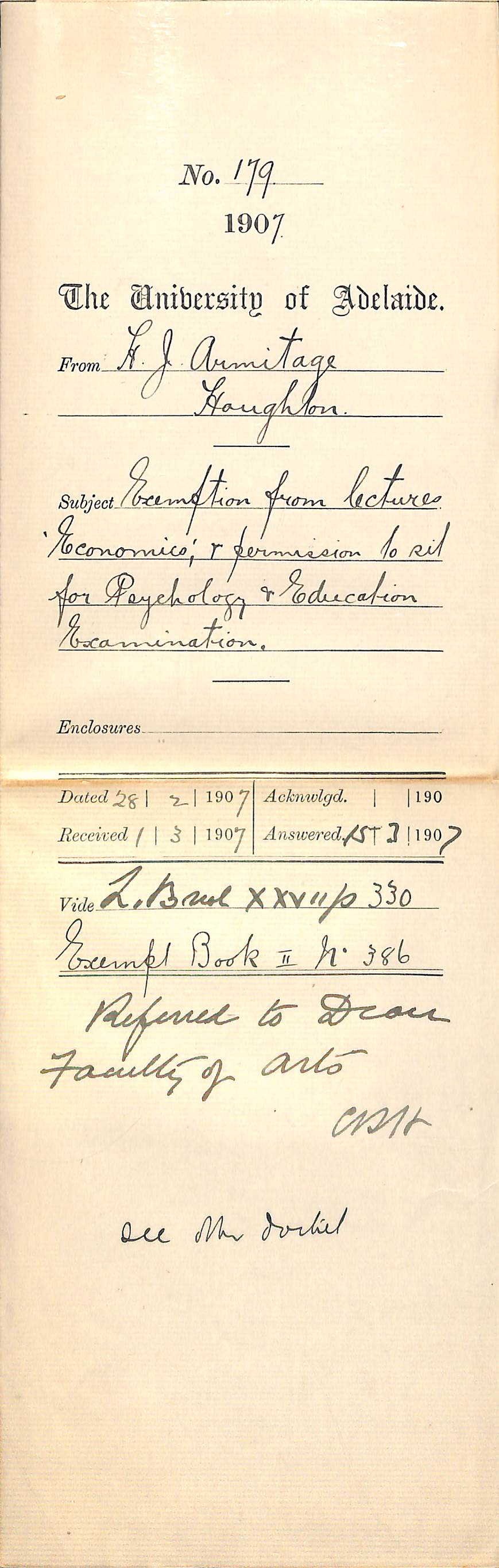 H J Armitage - Houghton - Exemption from lectures Economics and permission to sit for Psychology and Education Examinations