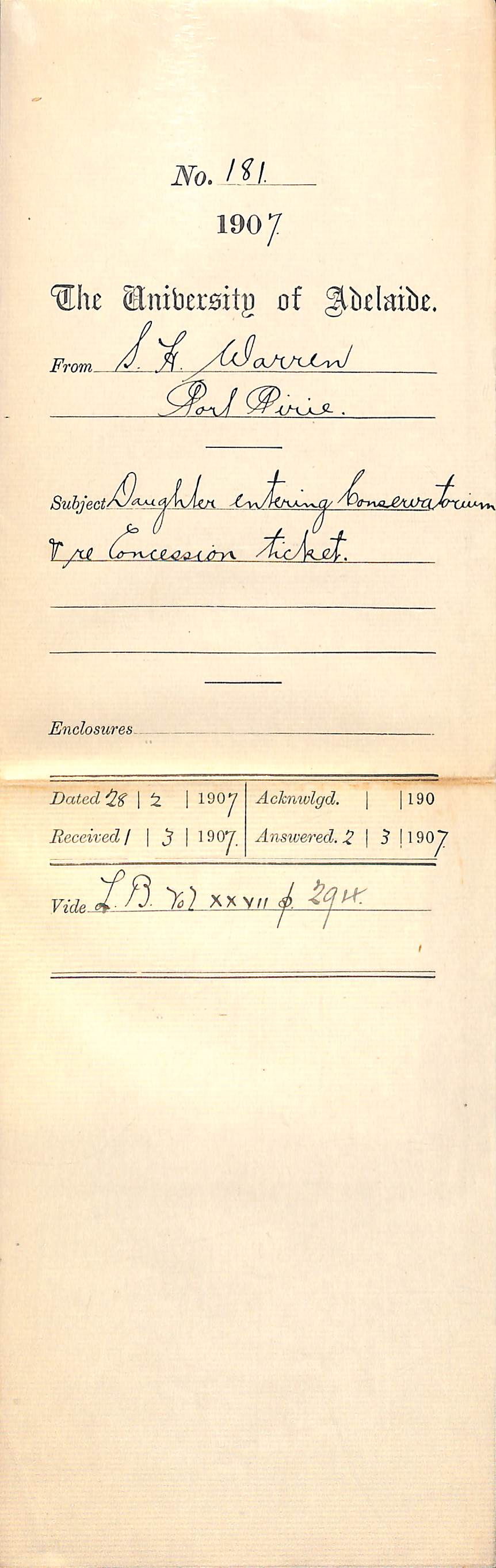 S H Warren - Port Pirie - Daughter entering Conservatorium and re Concession Tickets