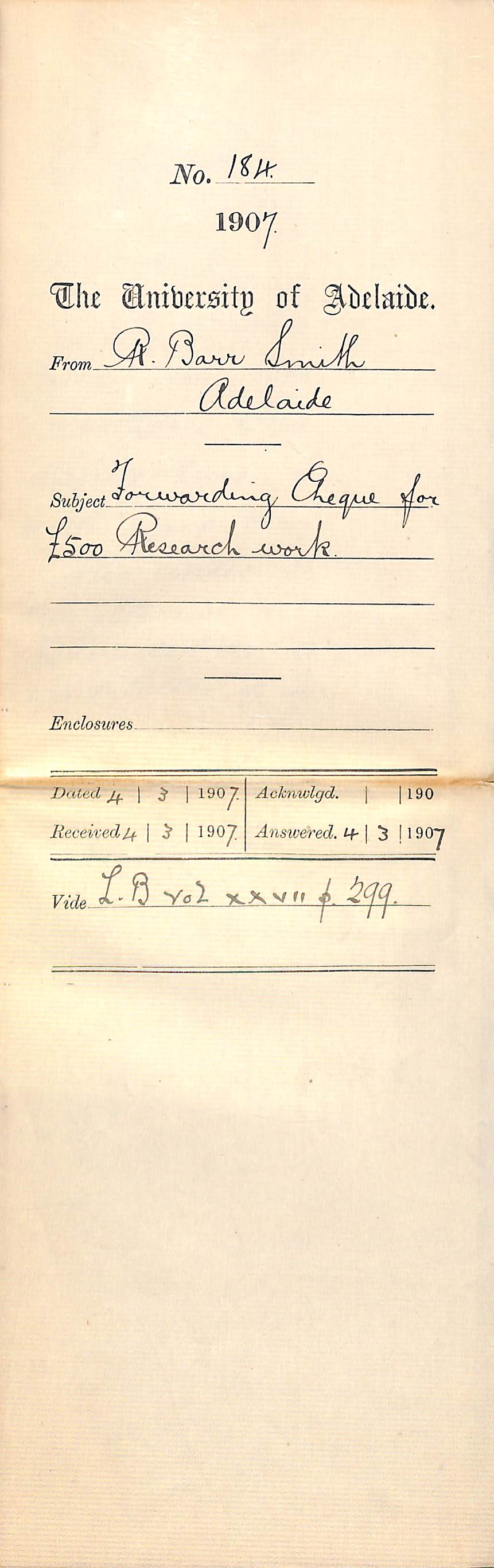 Robert Barr Smith - Adelaide - Forwarding Cheque for &pound;500 Research Work