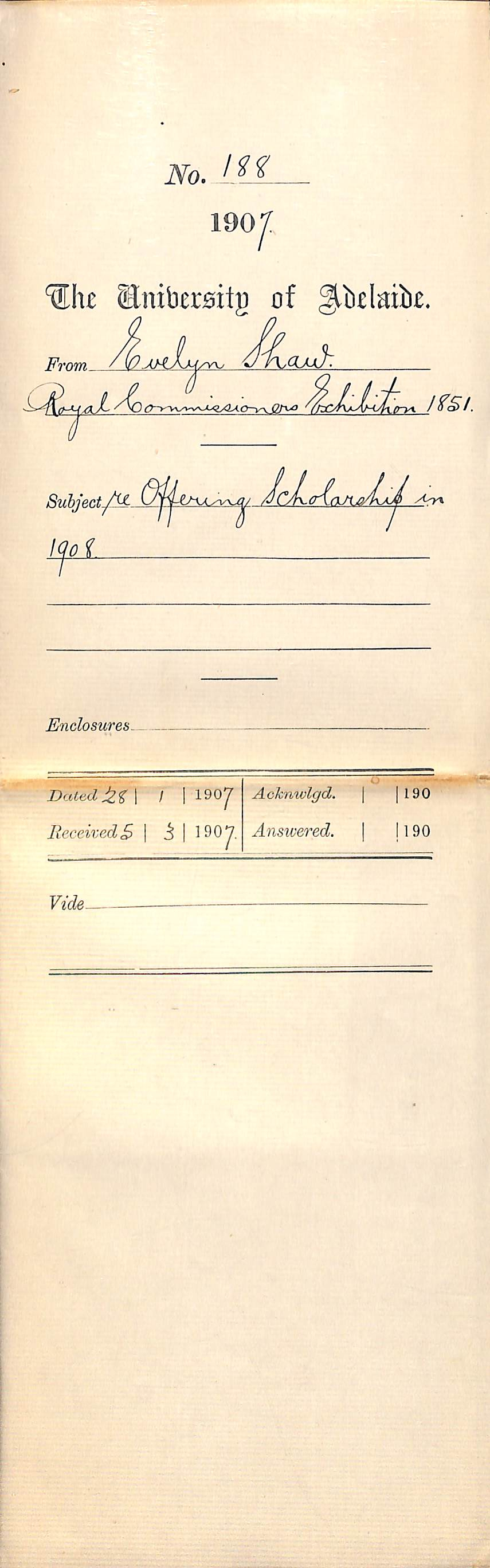 Evelyn Shaw - Royal Commissioners Exhibition 1851 - Offering Scholarship in 1908