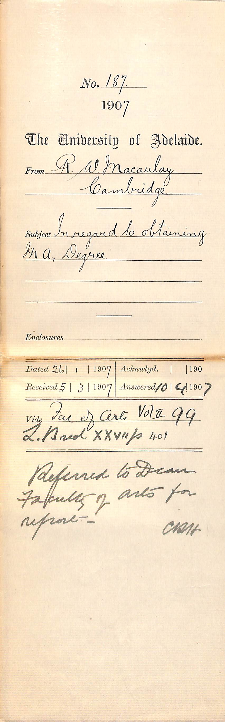 R Wilson Macaulay - Cambridge - In regard to obtaining MA Degree